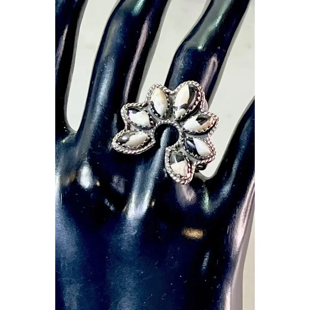 White Buffalo Turquoise Sterling Silver Naja Cluster Statement Ring Adjust Size